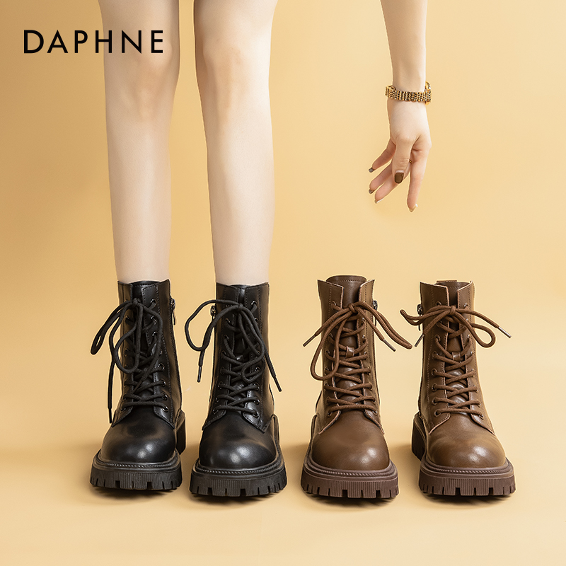 达芙妮黑色马丁靴女2024秋冬厚底真皮英伦加绒中筒雪地短靴子爆X