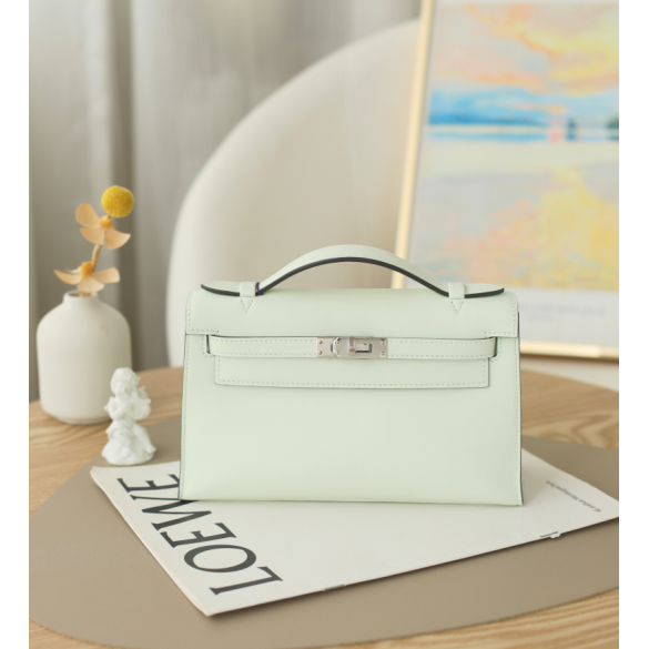 全新未使用 Hermes/爱马仕 MINI Kelly 一代22 U刻S皮 气泡绿银扣