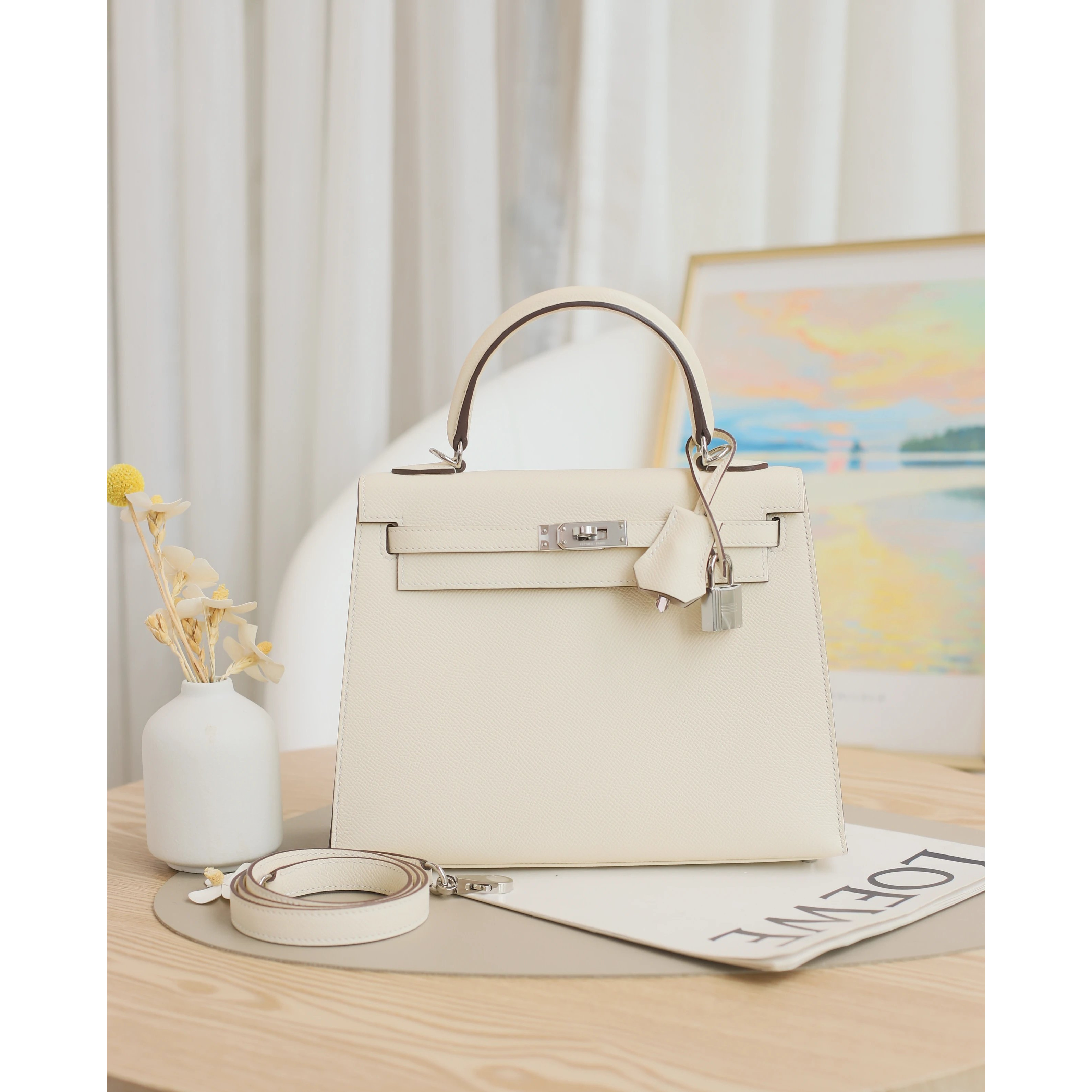 99新 Hermes/爱马仕 Kelly25 U刻 EP皮 奶油白 银扣