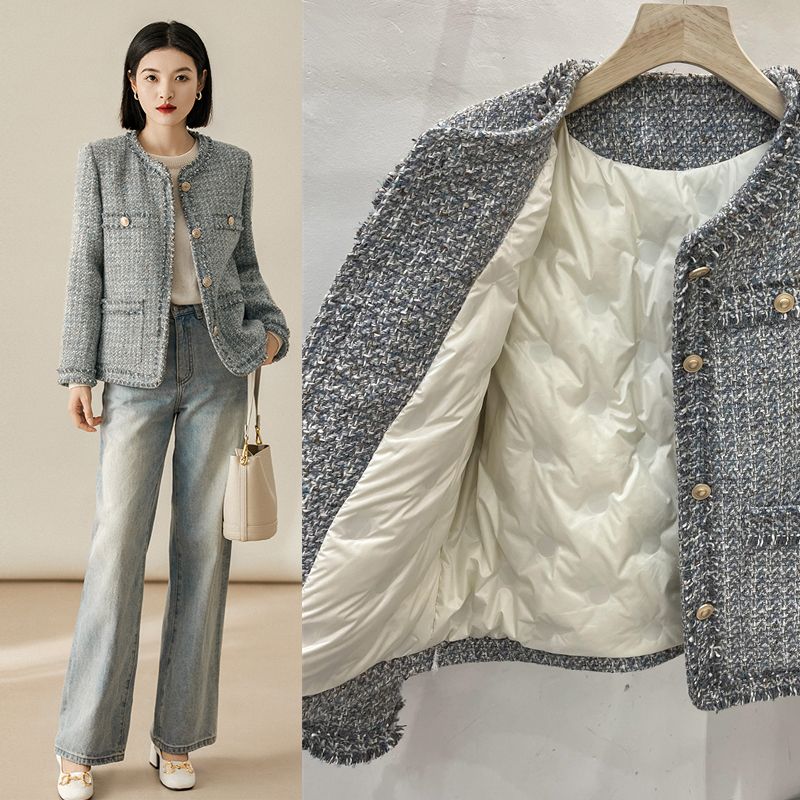 波司蓝灰色小香风羽绒服女冬季2023新款法式复古羽绒内胆粗花呢
