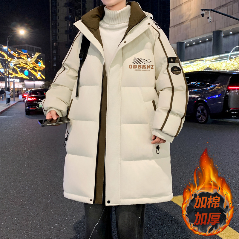 青少年冬季休闲棉服中长款棉衣男孩连帽潮流帅气加厚棉袄保暖外套