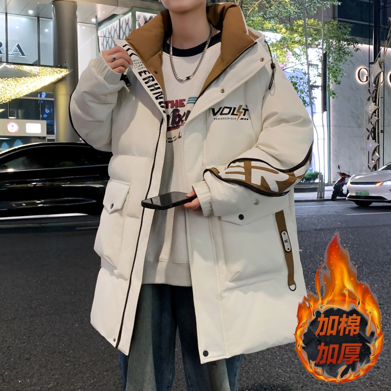 冬季中长款休闲棉服男孩初中高中学生棉衣外套青少年大童加厚棉袄