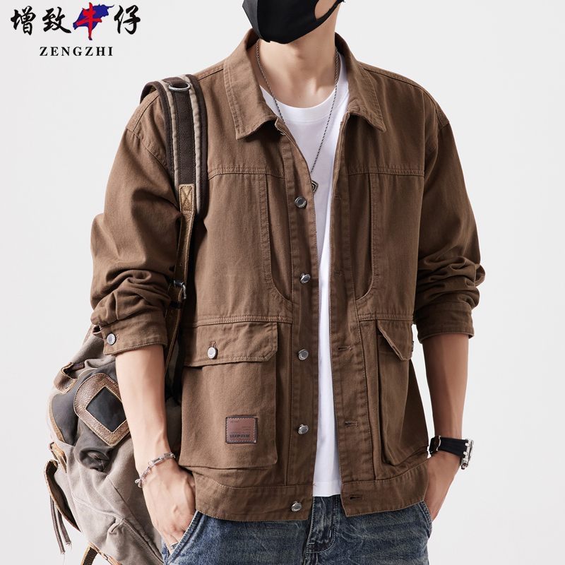 ZENGZHI/增致牛仔男士休闲夹克外套复古美式工装上衣秋季潮流棕色