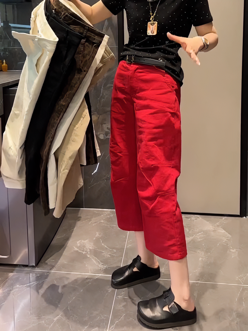 红色哈伦薄款牛仔裤女2024年春夏季新款八分裤胖mm大码显瘦直筒裤