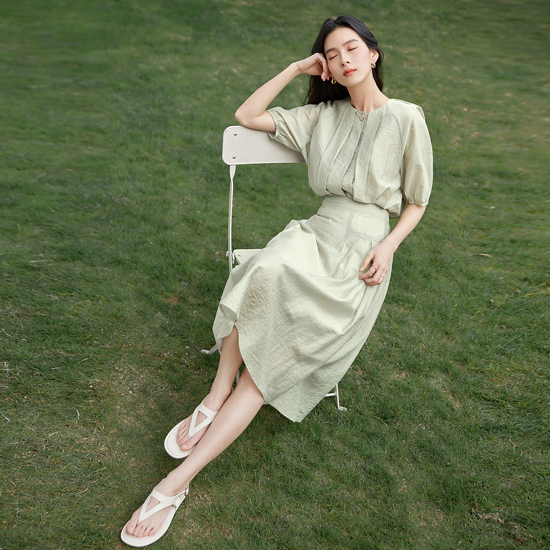 【大默专属】D01对白新中式套装女夏季气质衬衫半身裙两件套DDZ028