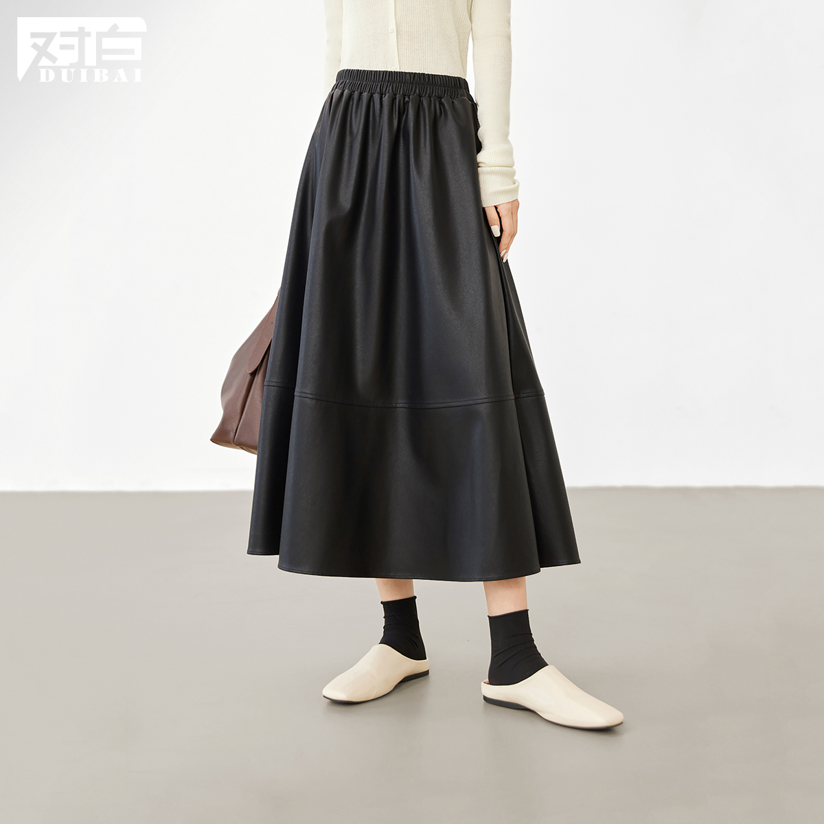 （魏魏专属）D01对白质感PU皮面半身裙垂感中长款A字伞裙子EDS214