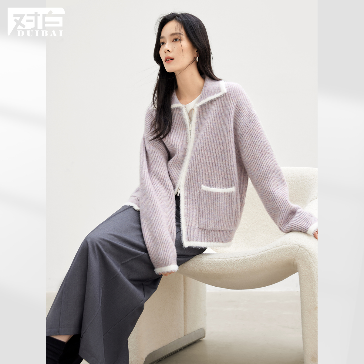 【林林】D01对白仿貂毛撞色毛衣外套针织开衫宽松休闲EDE118