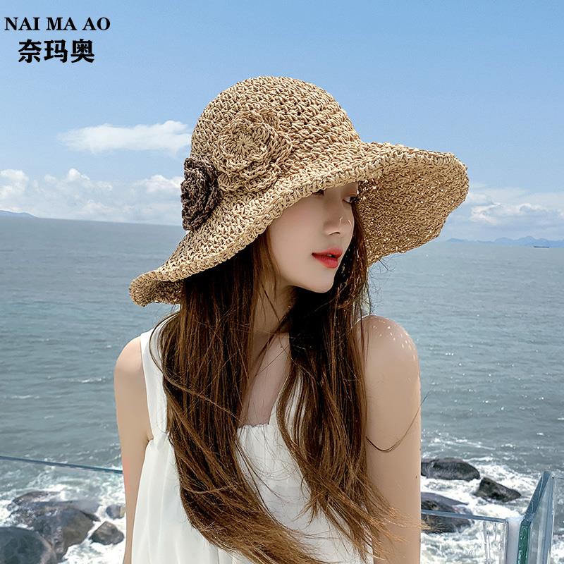 草帽女夏季沙滩帽子花朵可折叠防晒大檐海边时尚度假太阳帽遮阳帽