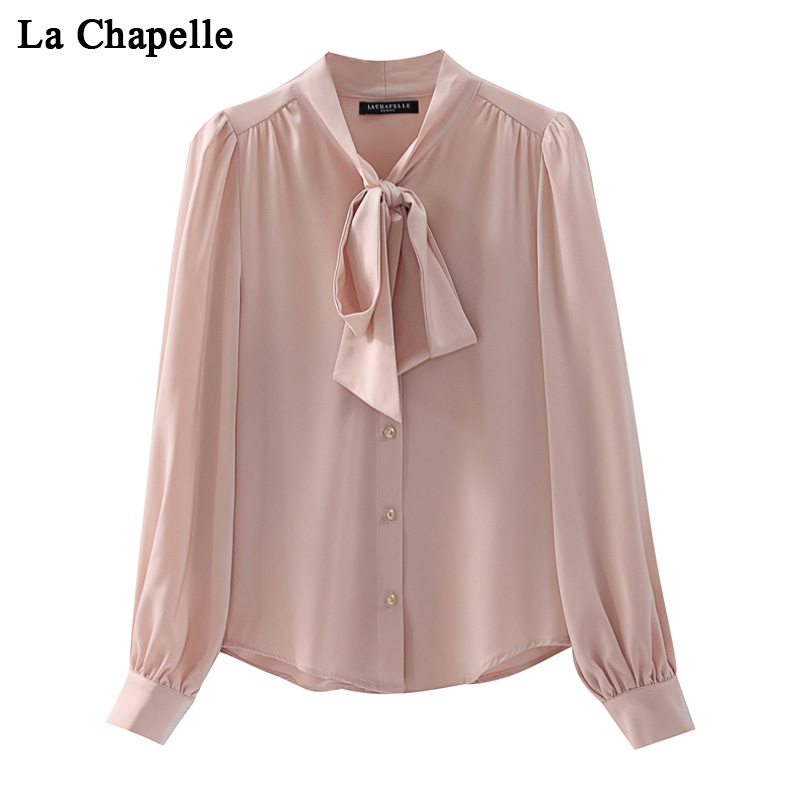 La Chapelle/拉夏贝尔粉色蝴蝶结系带缎面衬衫女春款职业通勤衬衣