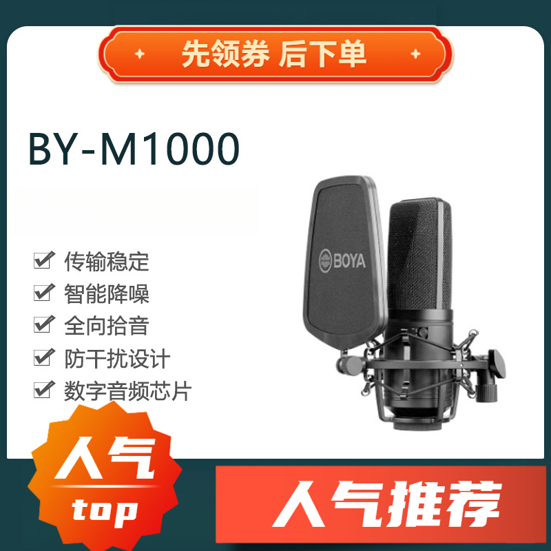 定制使用BY-M1000博雅电容麦克风大振膜K歌电脑手机录音主播话筒