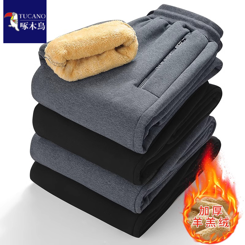 啄木鸟羊羔绒裤子秋冬季直筒宽松加绒加厚男士高级感保暖休闲男裤