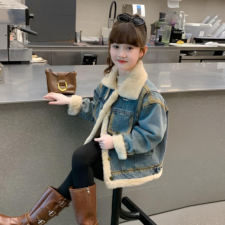 女童外套秋冬款2025新款洋气儿童时髦加绒加厚冬季小女孩牛仔上衣