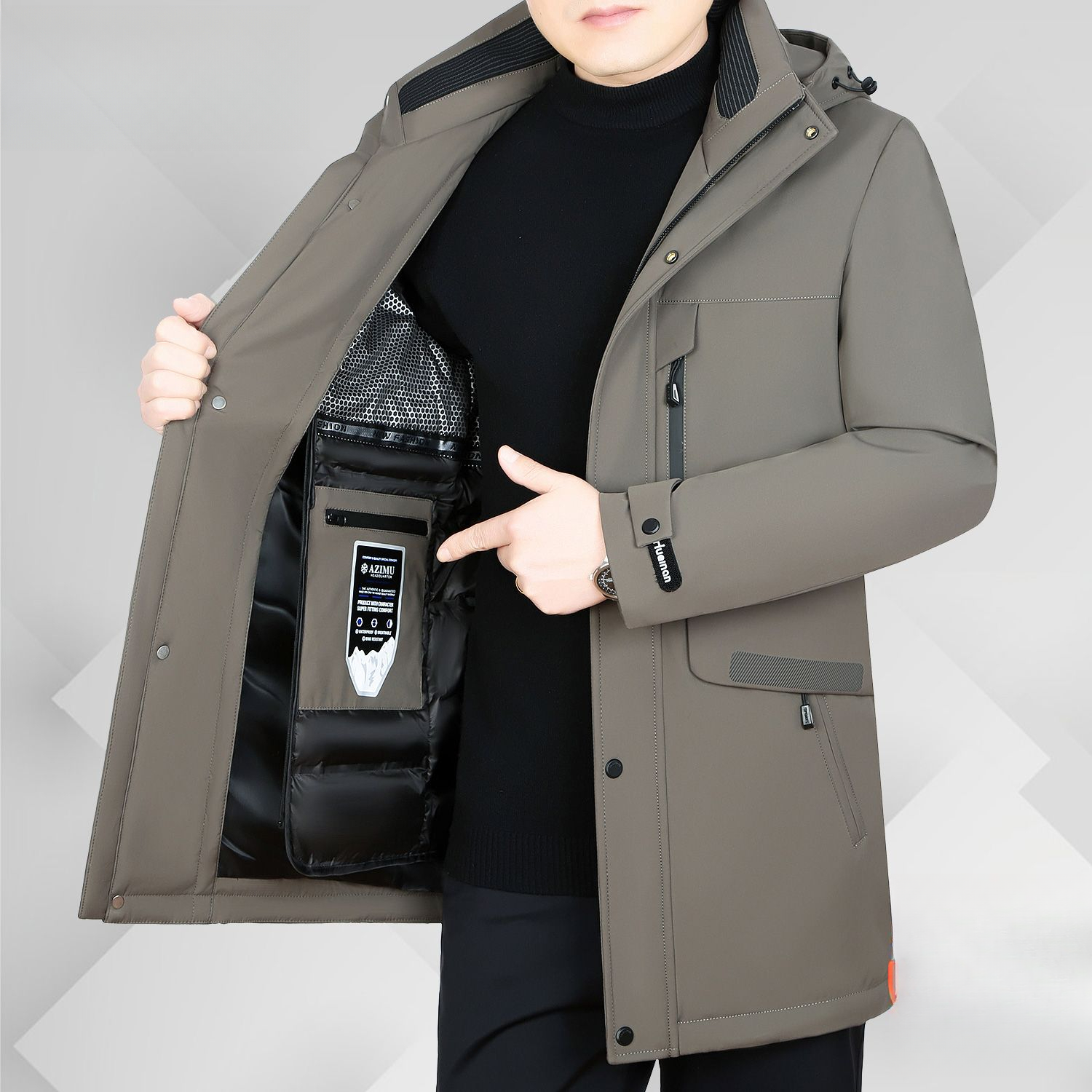 波司澄高档冬季男士羽绒服中长款鹅绒派克服可脱卸内胆加厚外套男