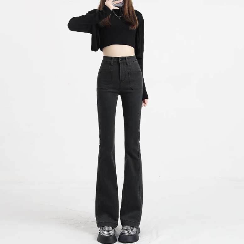 秋冬灰黑色加绒微喇牛仔裤女爆款2024新款小个子高腰拖地马蹄裤子