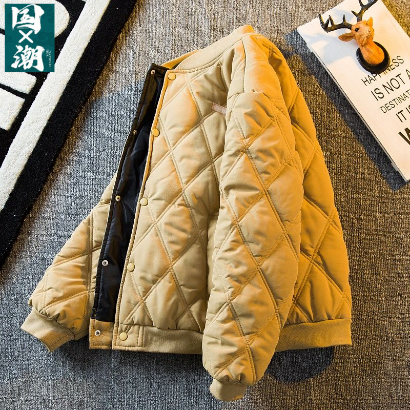 男装菱形格棉服男冬季加厚日系复古潮牌休闲棒球服保暖棉衣外套男