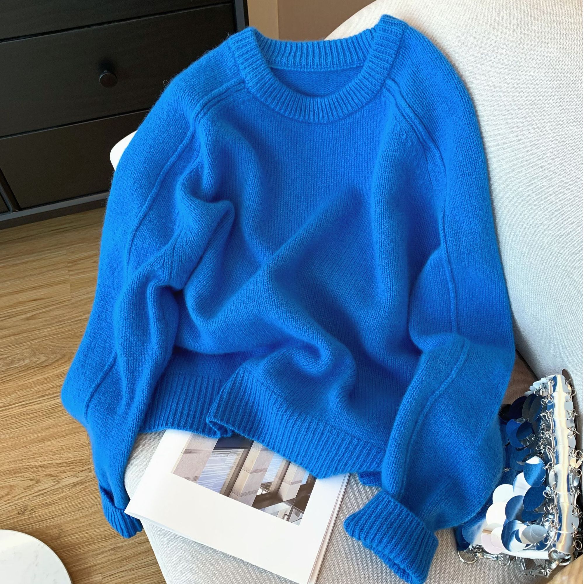 韩系复古软糯蓝色圆领套头长袖毛衣女秋冬季慵懒风减龄针织衫上衣