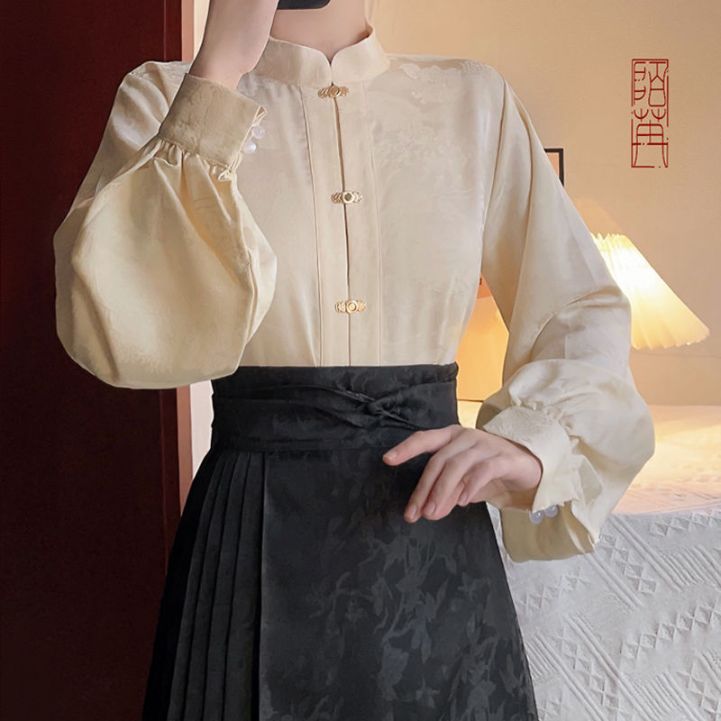 2024新款汉服暗纹提花对襟衬衣立领汉元素日常衬衫上衣春秋新中式