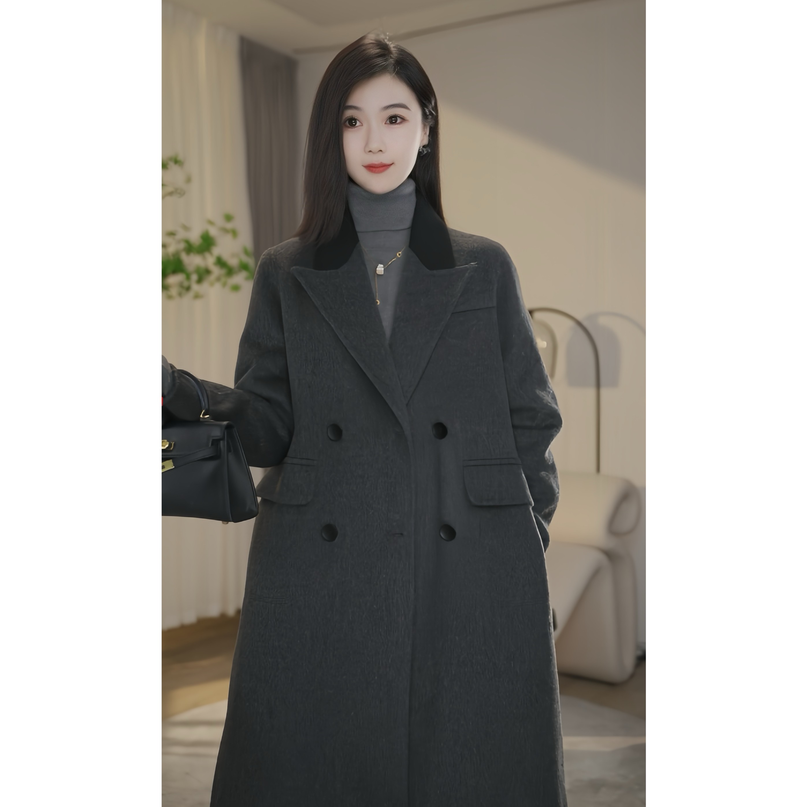 【杨杨专属】8484044双面呢长款绵羊毛大衣冬休闲高端气质时尚外套