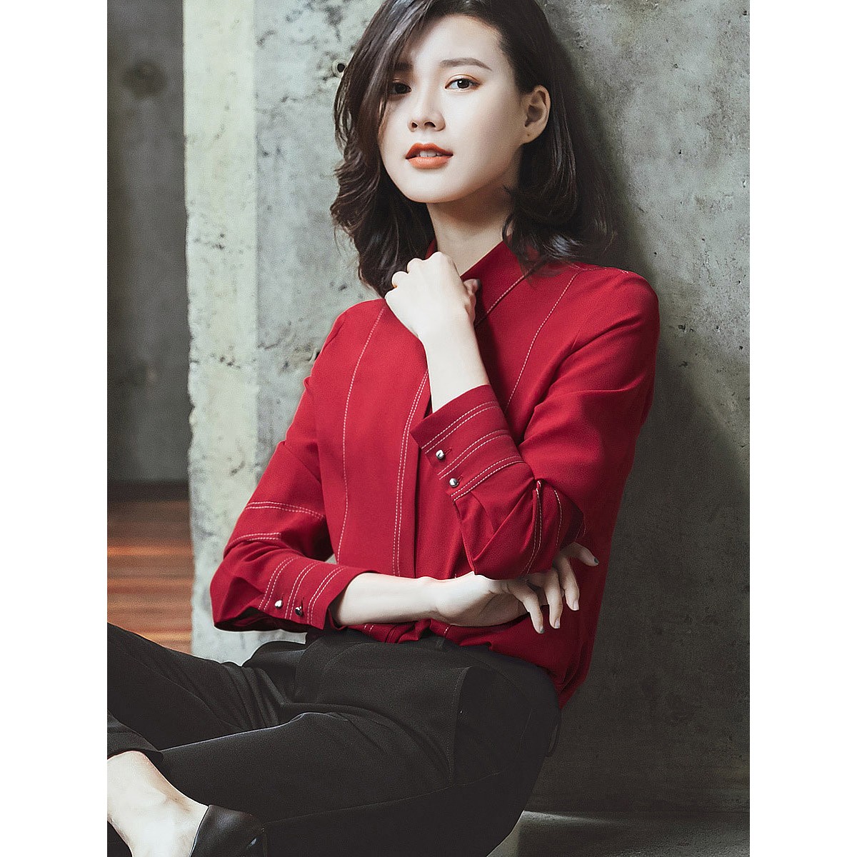 【杨杨专属】流光风曼贝新款长袖衬衣时尚小众韩版红色衬衫女9430-1