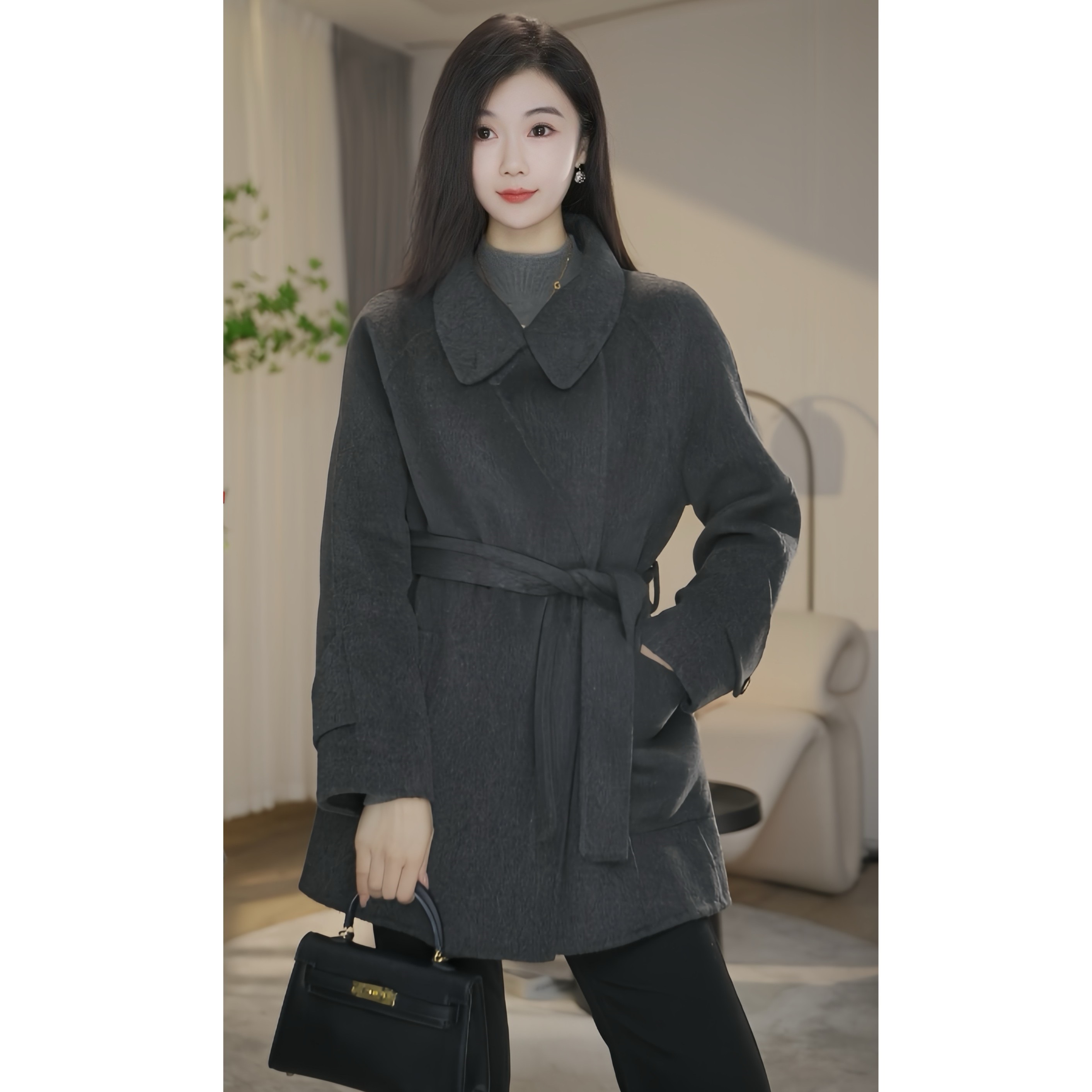 【杨杨专属】秋冬新款高端百搭时尚长袖双面羊毛大衣8484047深灰色