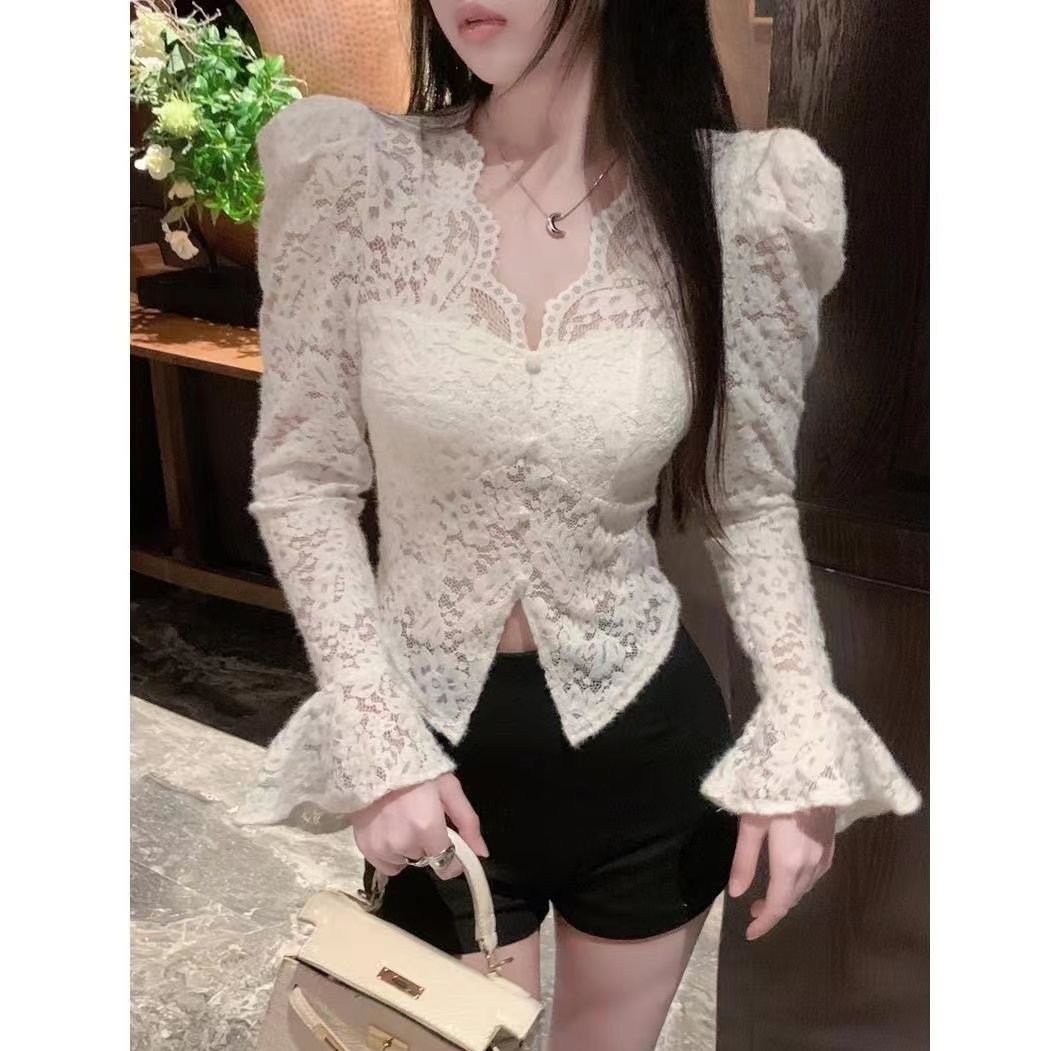 2023冬气质开叉修身显瘦打底衫新款法式设计感V领辣妹蕾丝衫长袖