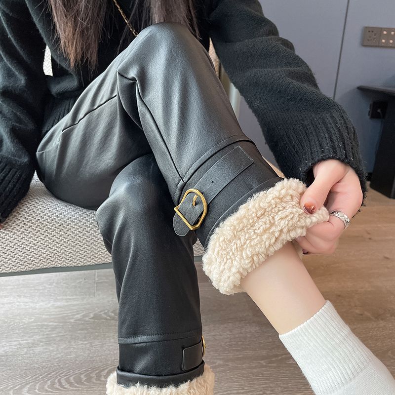 涂层烟管裤秋冬新款高加绒厚直筒腰修身显瘦女长裤潮流皮裤暖