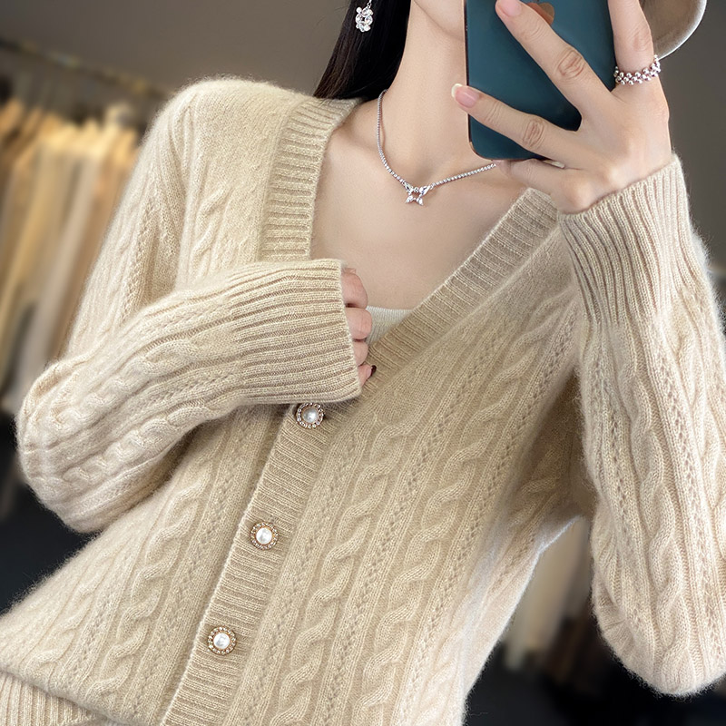 秋冬加厚羊绒衫女复古麻花毛衣外套100纯羊绒宽松百搭针织开衫