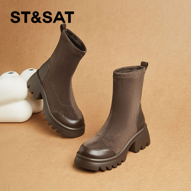 星期六中筒高跟英伦风女靴2024秋冬新款加绒保暖圆头纯色马丁靴女