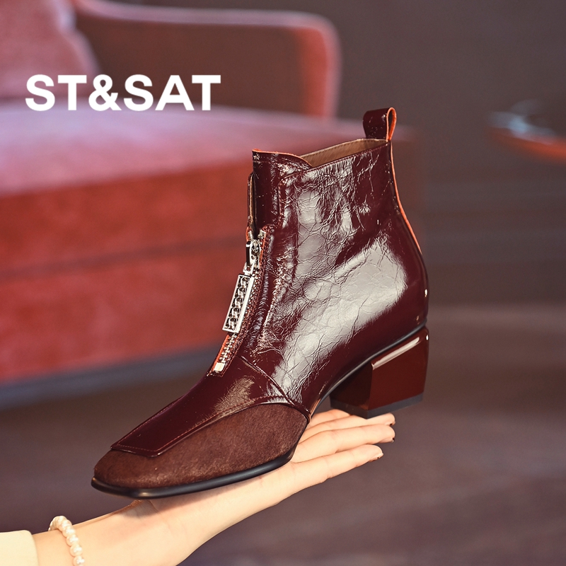 星期六【马毛+头层牛皮】时尚加绒粗跟前拉链洋气先短靴中跟瘦瘦靴