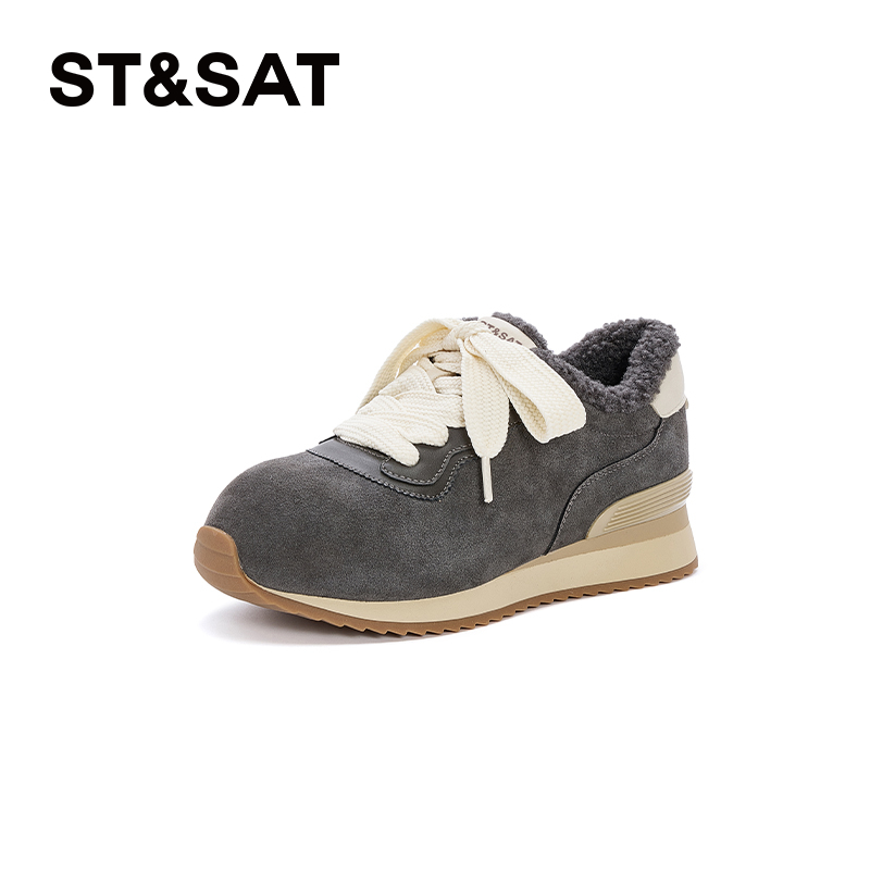 星期六增高加绒休闲鞋女德训鞋2024年秋冬新款系带保暖毛毛阿甘鞋