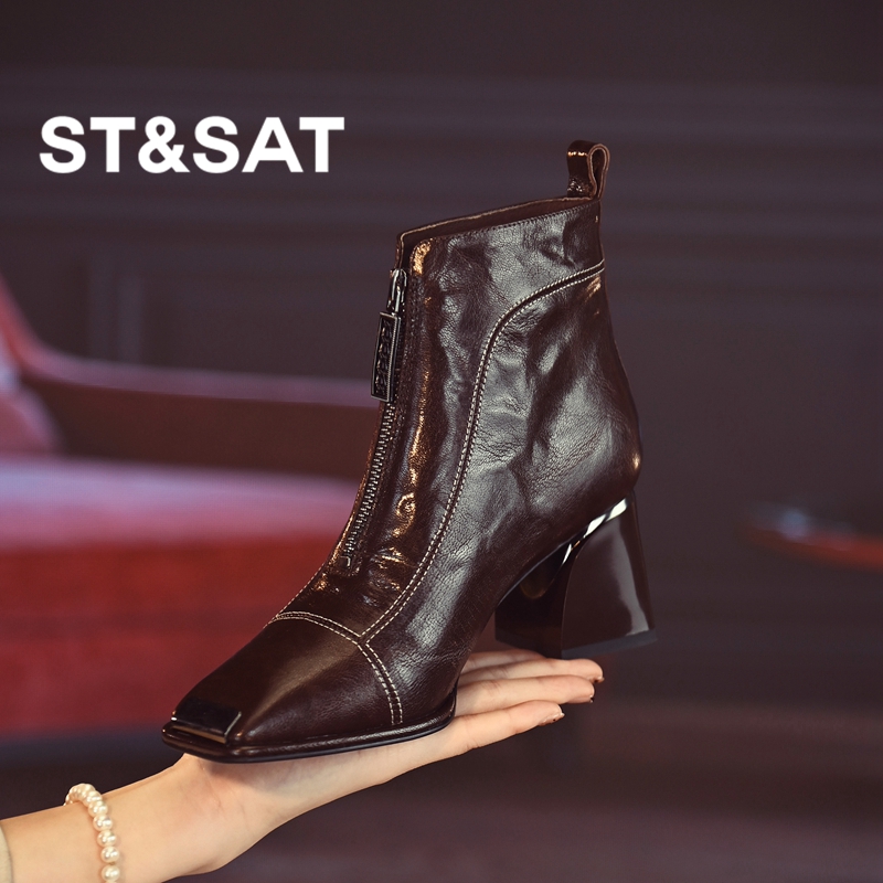 星期六粗跟时尚小短靴女2024年秋冬新款方头高跟袜靴后拉链瘦瘦靴