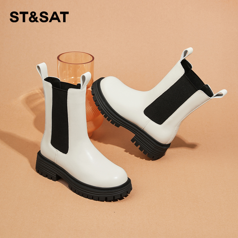 星期六切尔西靴女中筒靴时尚烟筒靴秋冬季2024新款复古白色马丁靴