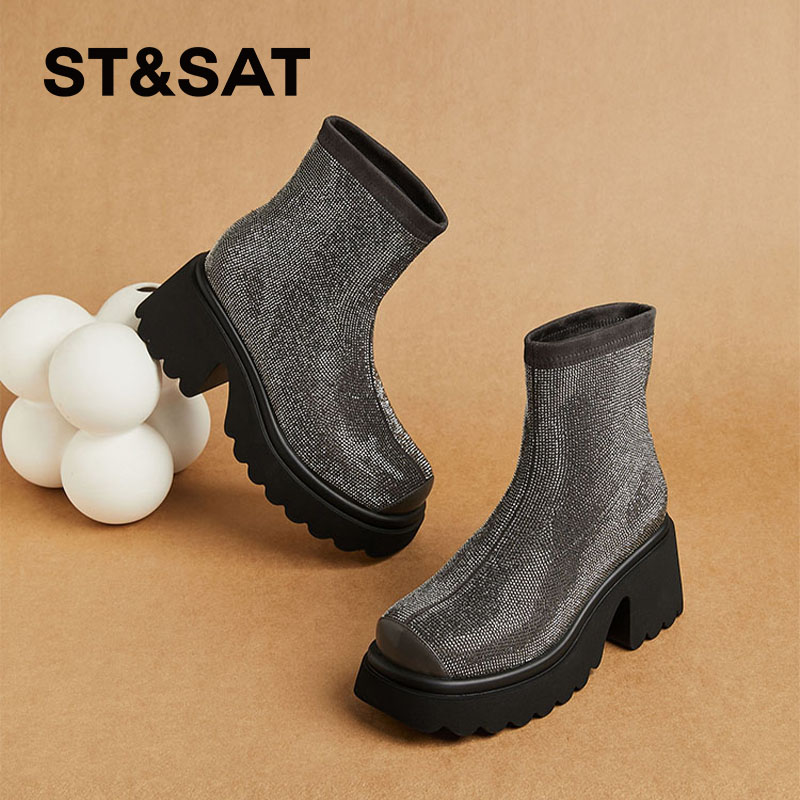 星期六7.1cm英伦风复古马丁靴2024秋季粗跟女靴亮钻厚底洋气短靴