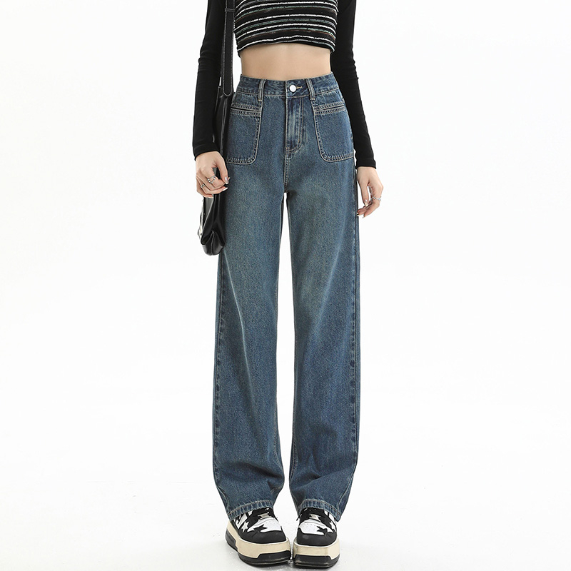 慵懒风时尚易搭垂感设计直筒阔腿裤牛仔裤女美式复古高腰宽松显瘦