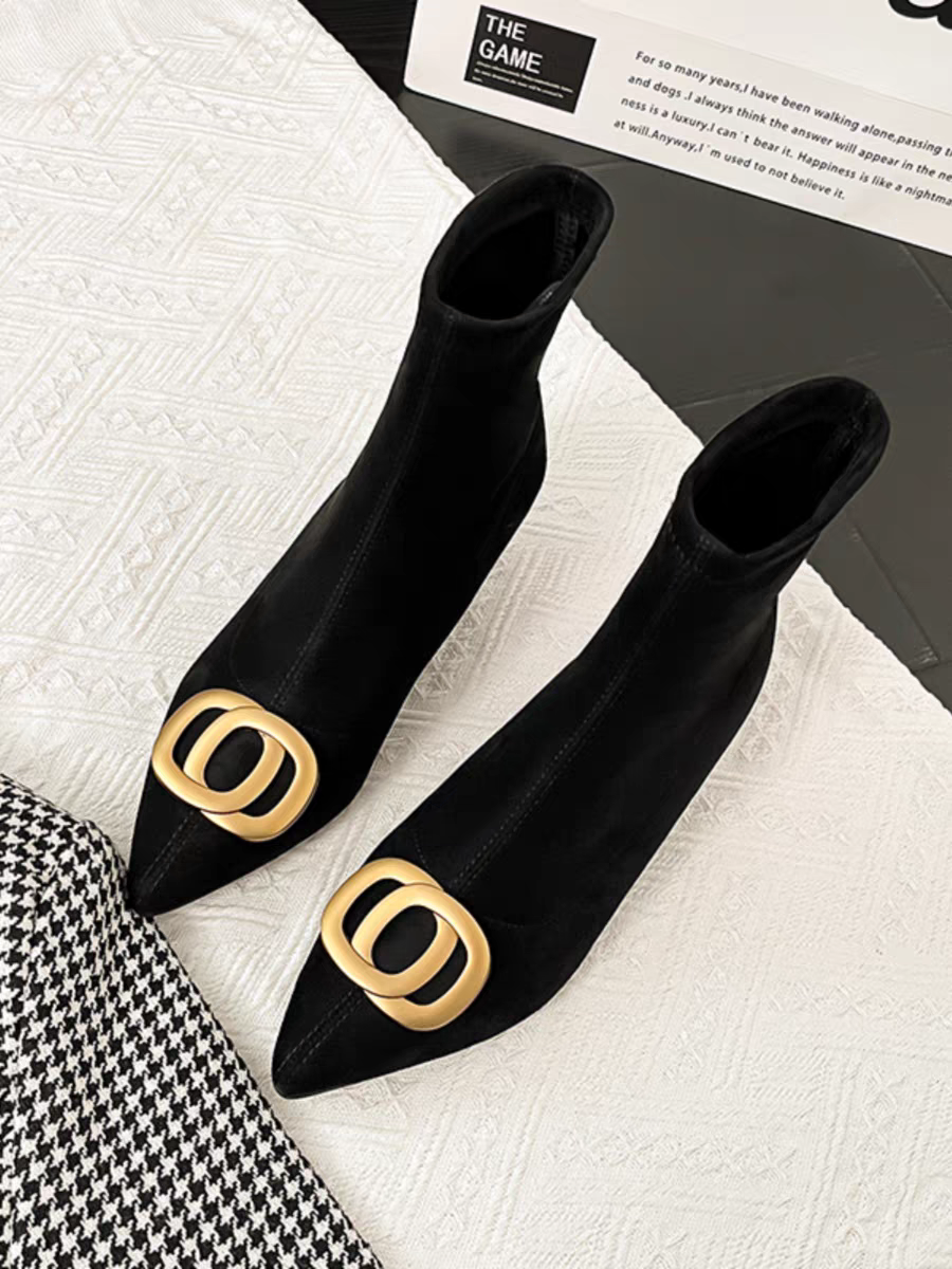 法式短靴女单靴2025新款百搭显瘦细跟猪鼻扣靴子绒面弹力瘦瘦靴