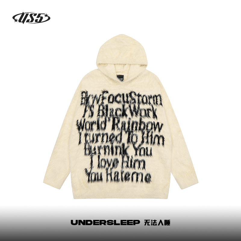 UNDERSLEEP 无法入睡 连帽字母印花毛衣街头宽松情侣针织衫 60050