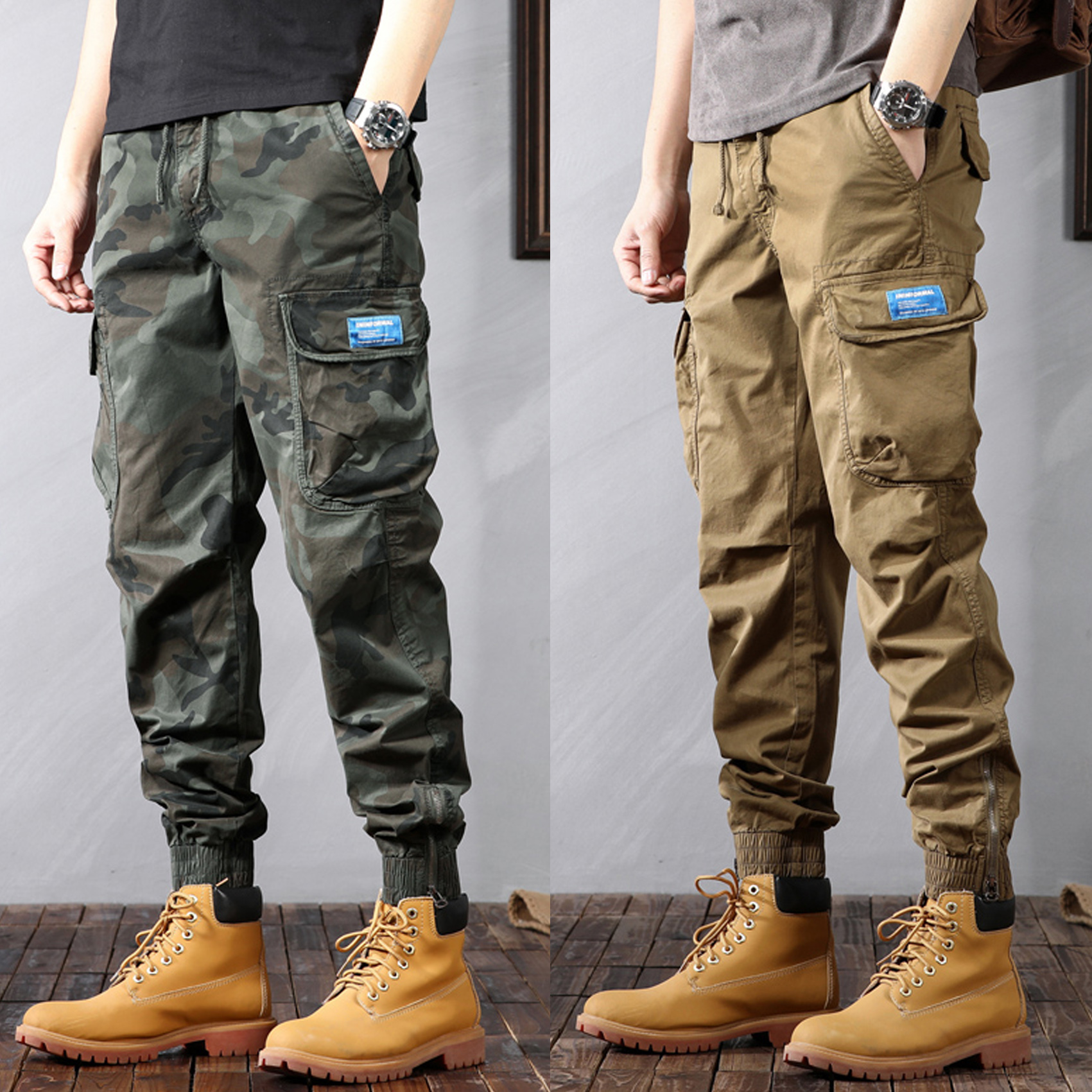 秋季时尚男女同款休闲工装裤美式复古休闲大口袋束脚工装迷彩裤