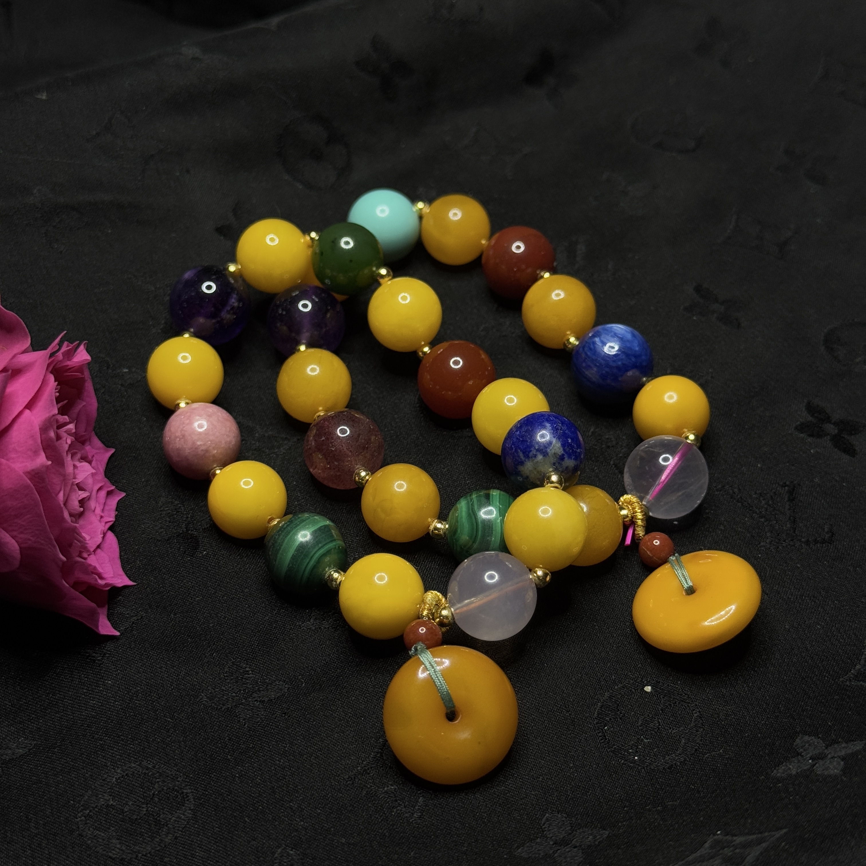 【玉合缘】天然蜜蜡多宝带平安扣手串-多样性发一 4358