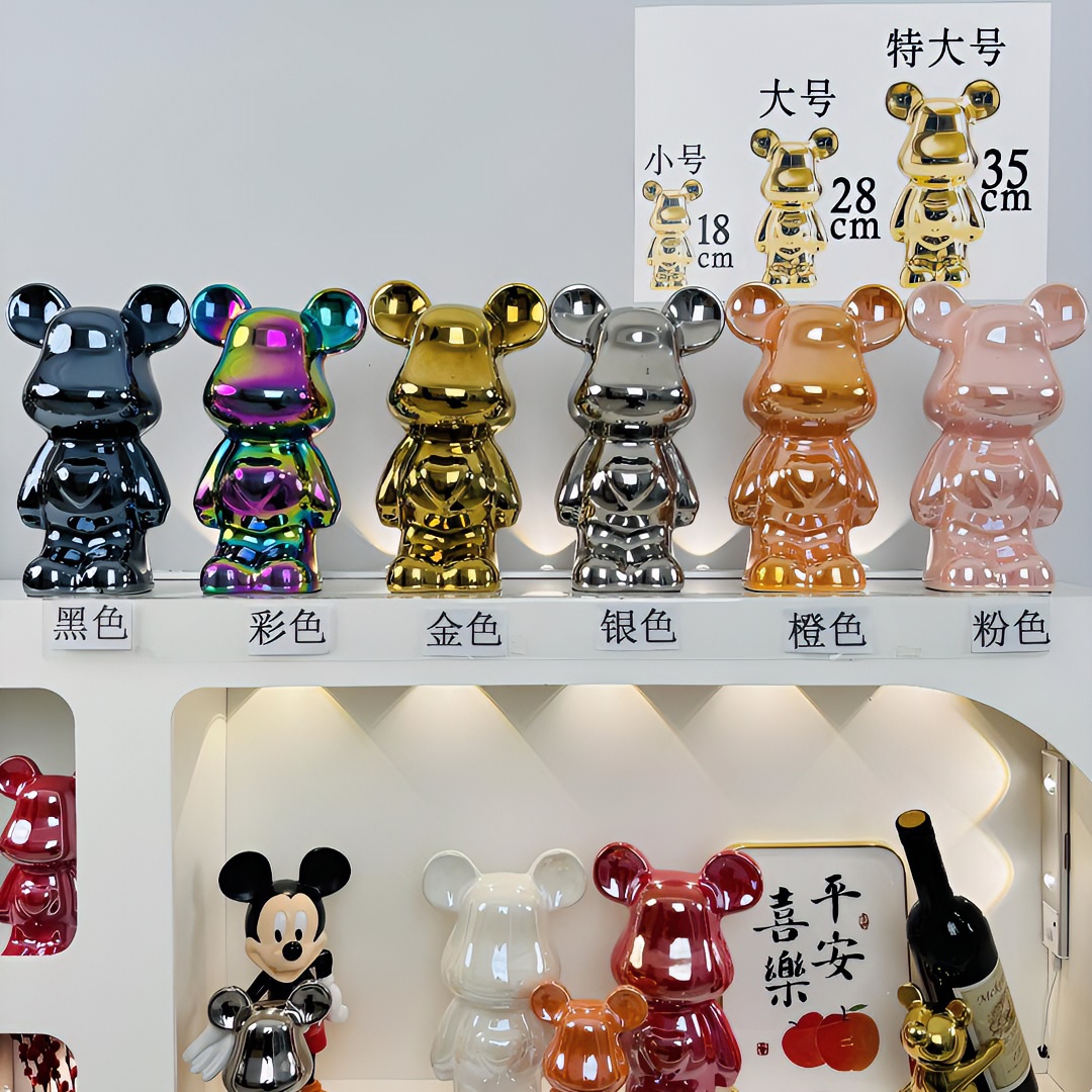 大号潮玩28cm陶瓷电镀甜心熊轻奢玄关酒柜摆件客厅电视柜装饰品