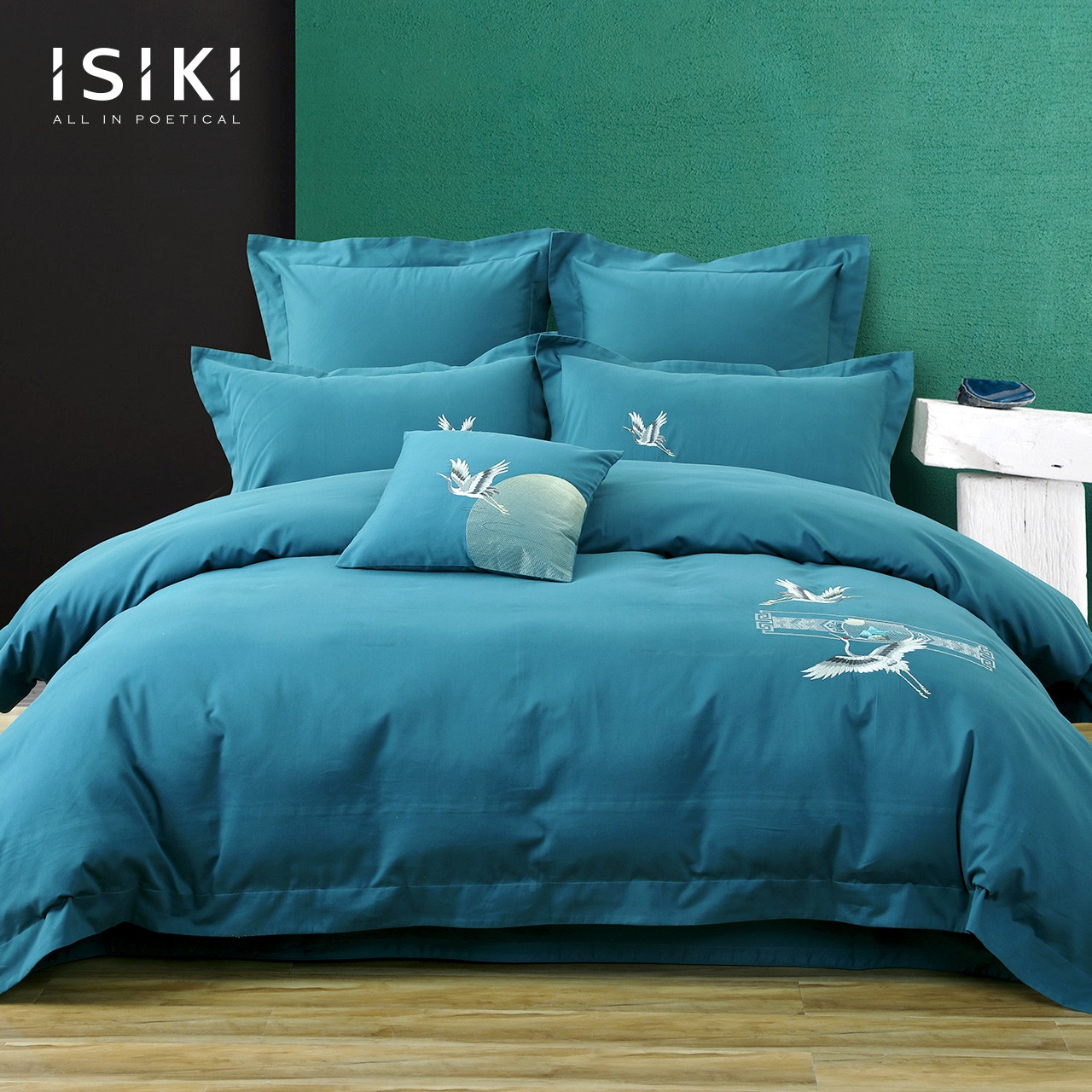 金号/ISIKI依诗家 国潮纯色绣花磨毛全棉五件套床上用品-瑞鹤千秋