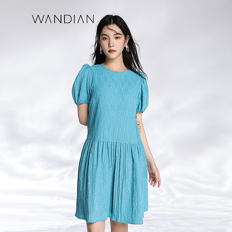 婉甸新品宝石蓝提花短袖连衣裙1232N79DJ6