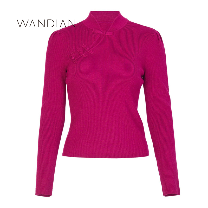 婉甸洋红中式领毛织套头衫1234W09DS4