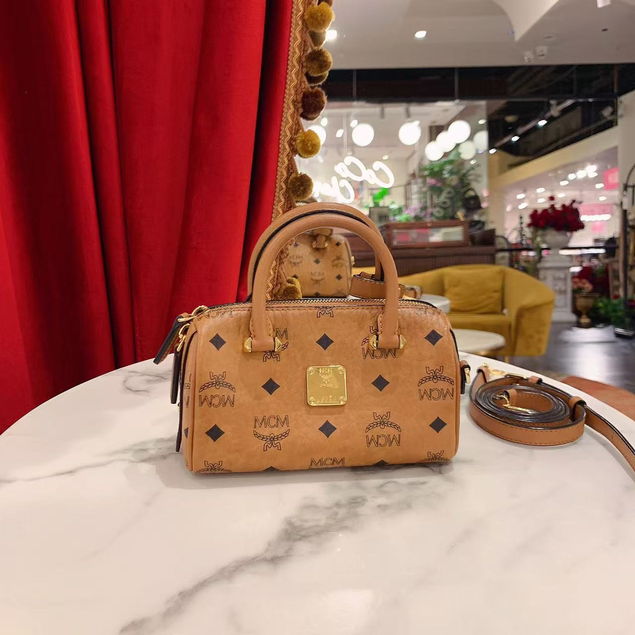 95新 MCM GGS丨波士顿包mini干邑色印花金扣/59431560