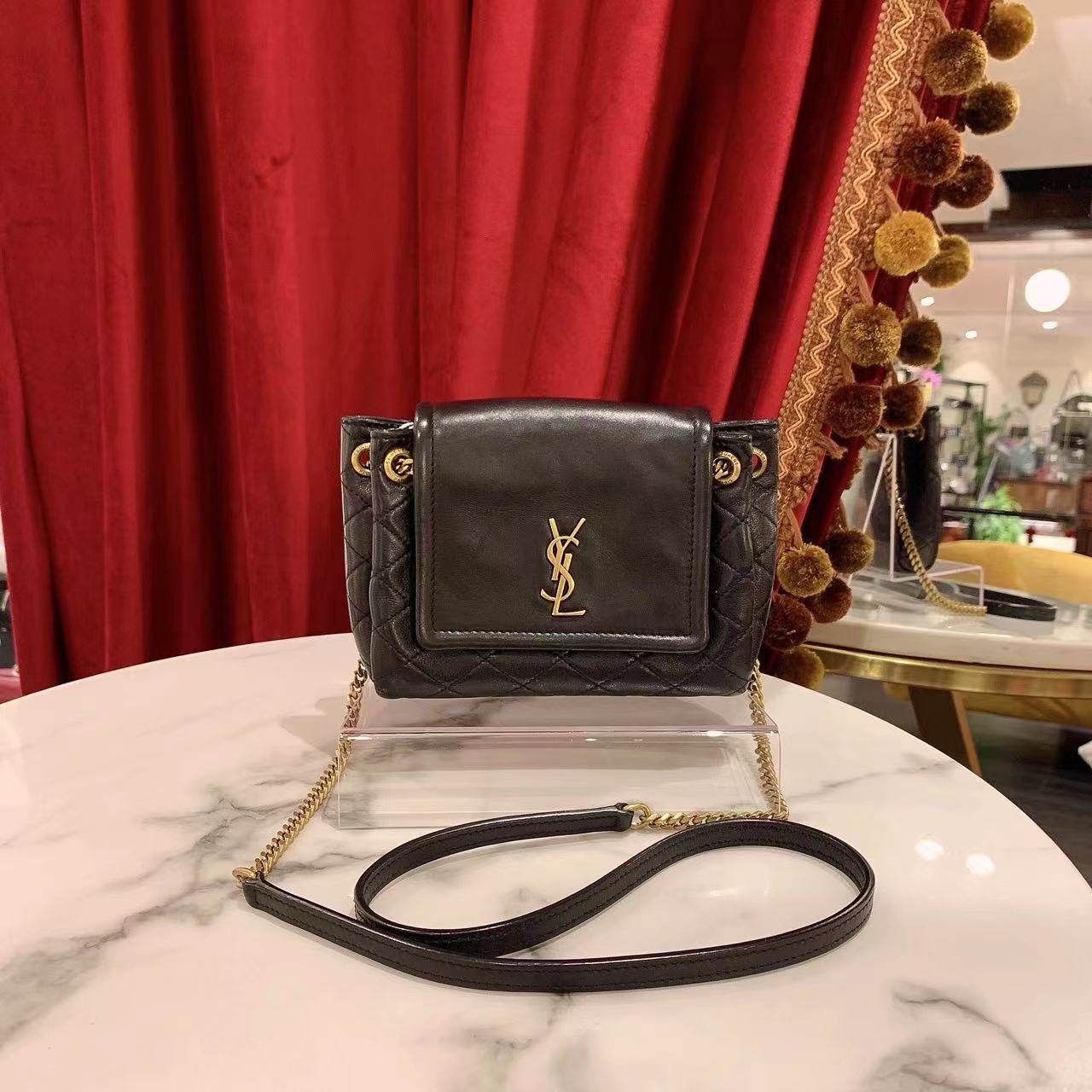 95新 YSL/圣罗兰 GGS萌萌丨nolita mini黑金羊单肩包/31971478