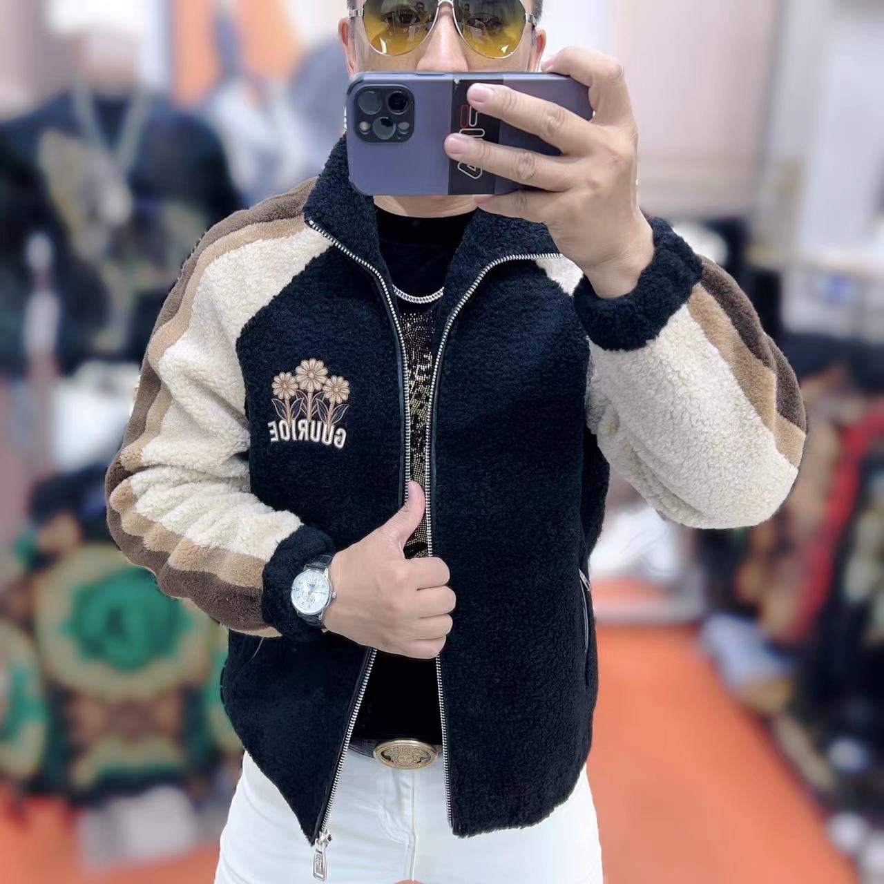 力龍潮牌男士冬季新款高品质羊羔绒欧货时尚轻奢修身外套