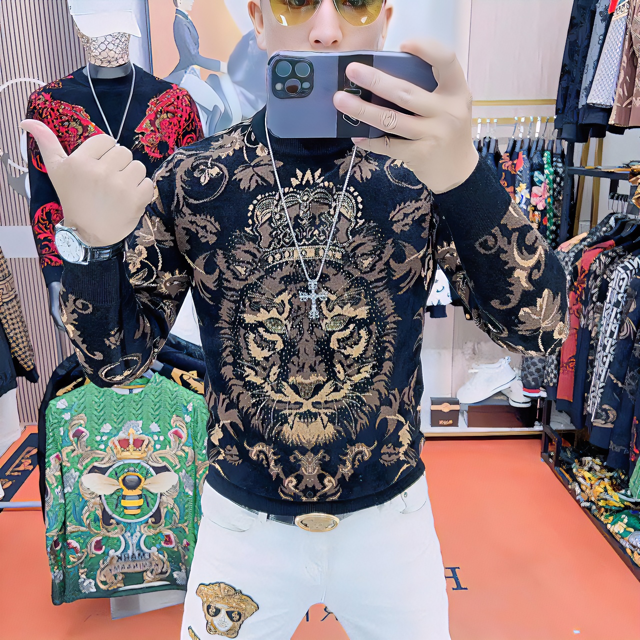 力龍潮牌秋冬新款高品质霸气雄狮时尚潮流针织提花修身款加厚毛衣