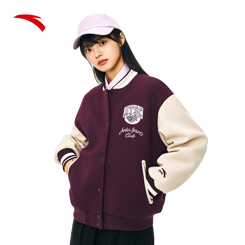 安踏加绒棒球服女款冬季保暖休闲外套夹克针织运动上衣162448703N