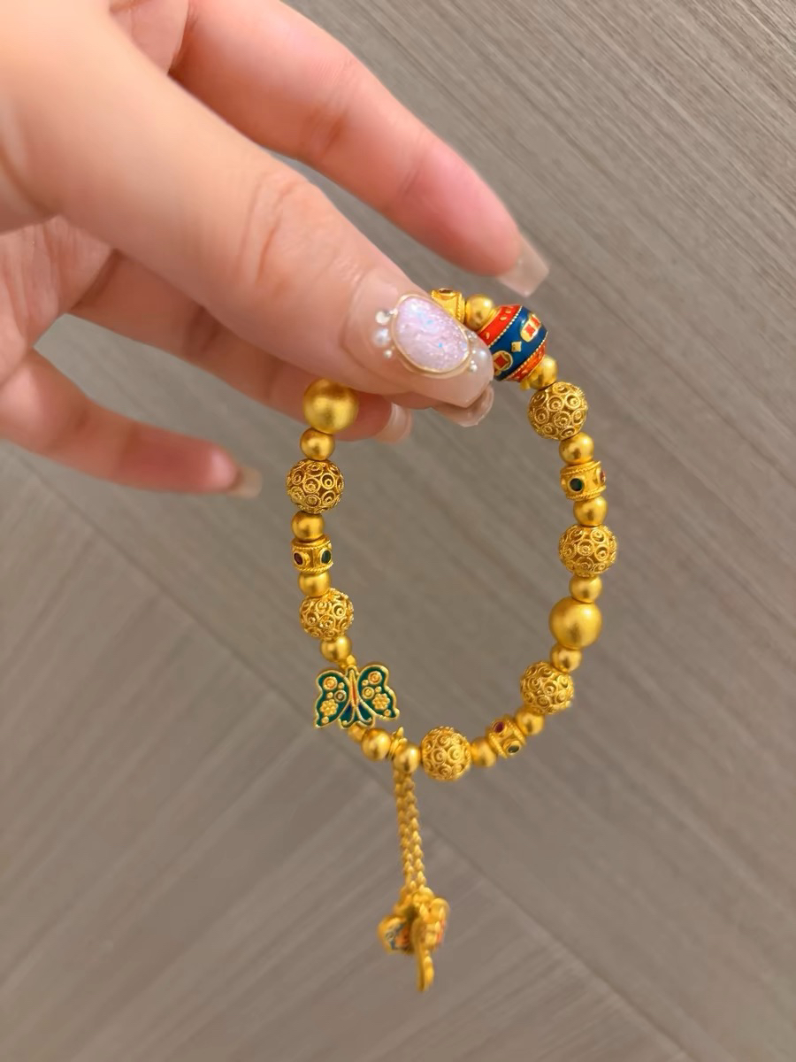 合金珐琅手链 古法烧蓝蝴蝶流苏镂空花丝卷云圆珠手串