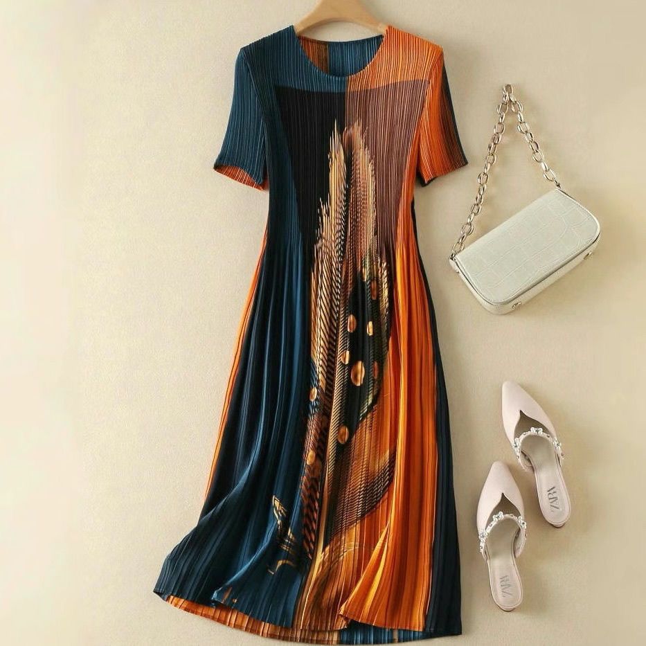 大码显瘦气质时尚百搭夏季复古印花洋气女士宽松收腰中长款百褶裙