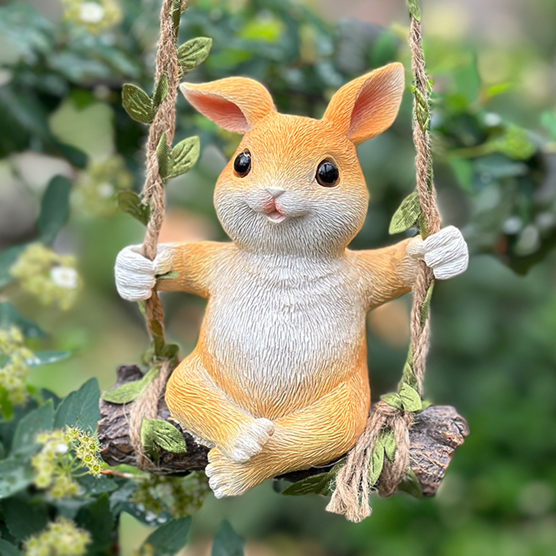 仿木桩秋千兔挂件装饰墙壁挂饰阳台庭院花园布置造景仿真兔子摆件